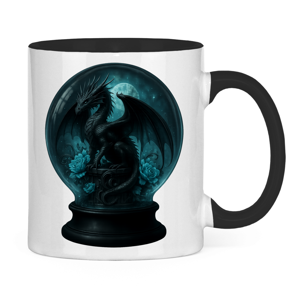 Tasse zweifarbig Drache in Kugel türkis gehalten