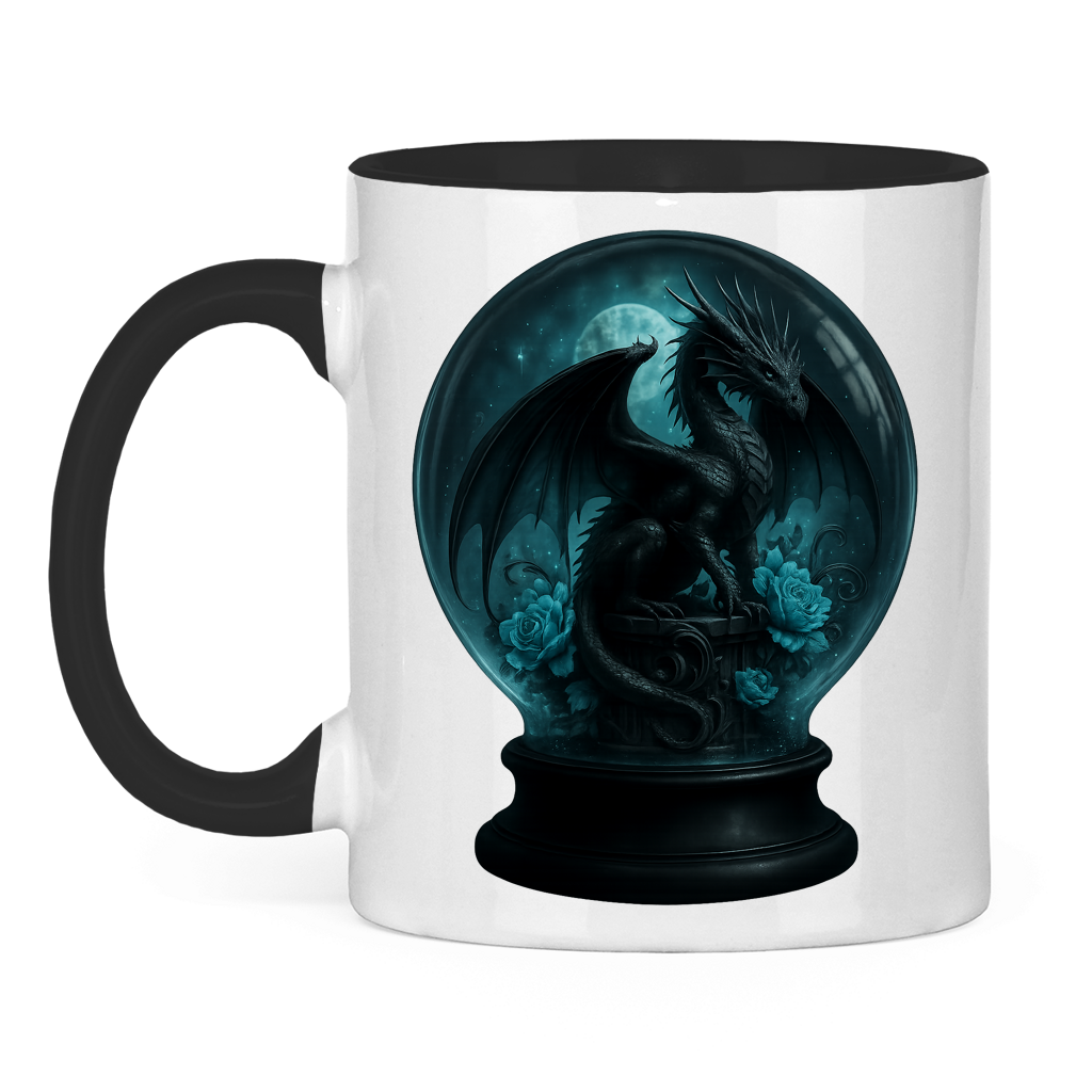 Tasse zweifarbig Drache in Kugel türkis gehalten