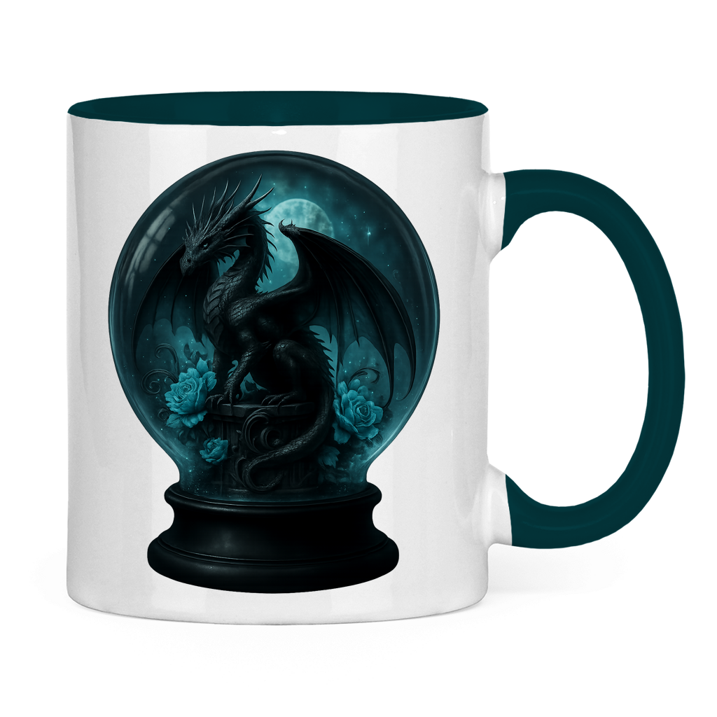 Tasse zweifarbig Drache in Kugel türkis gehalten