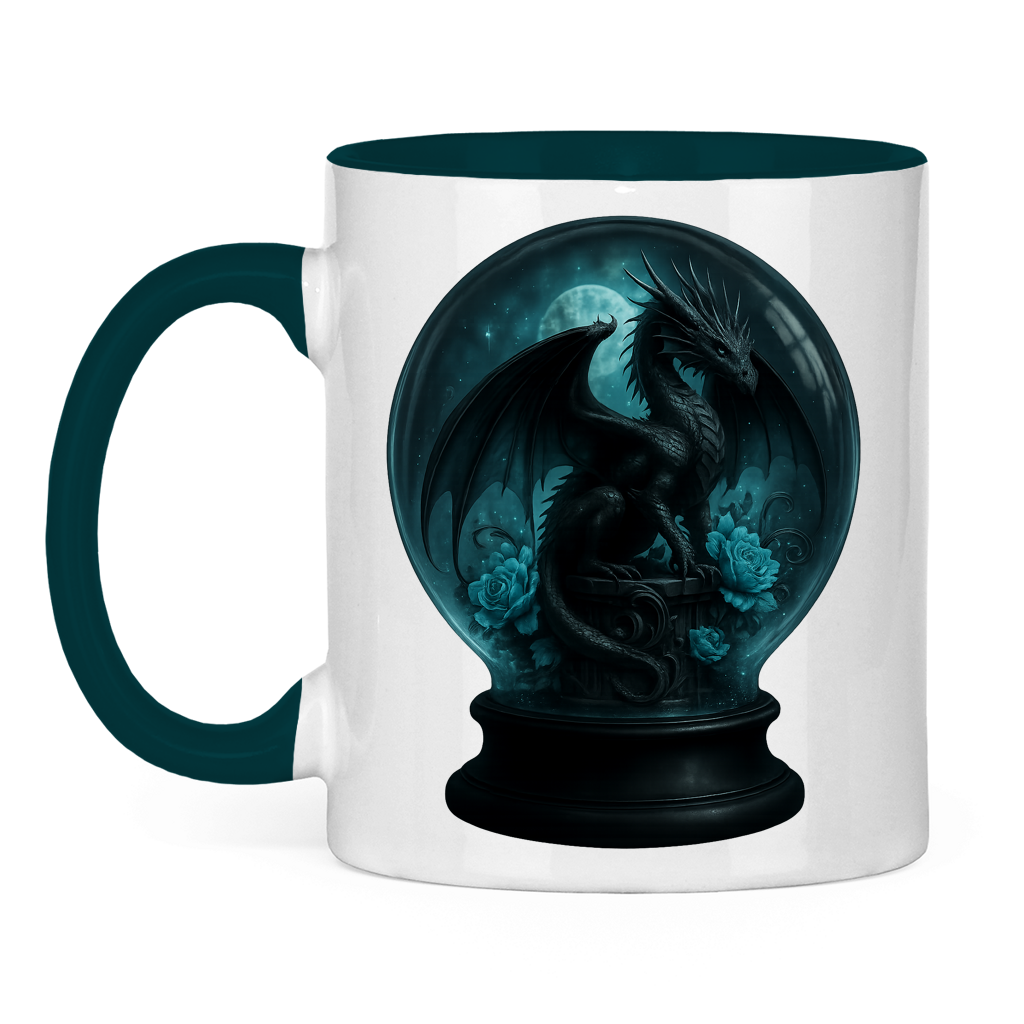 Tasse zweifarbig Drache in Kugel türkis gehalten