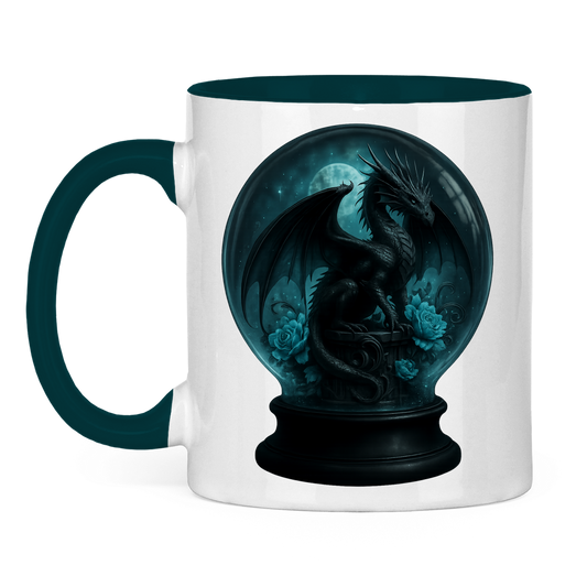 Tasse zweifarbig Drache in Kugel türkis gehalten
