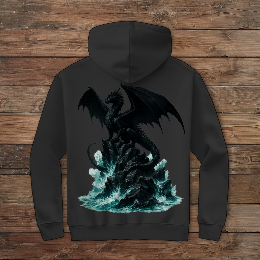 Herren Zipper Hoodie Drache schwarz auf Felsen im Wasser