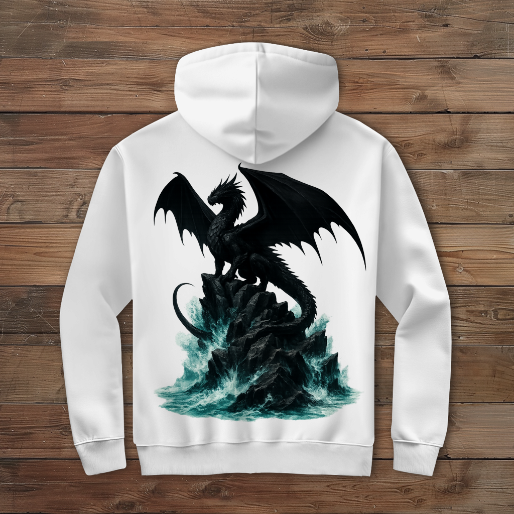 Herren Zipper Hoodie Drache schwarz auf Felsen im Wasser