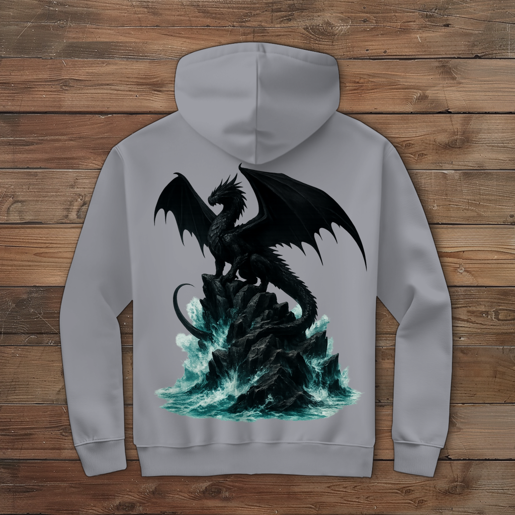 Herren Zipper Hoodie Drache schwarz auf Felsen im Wasser