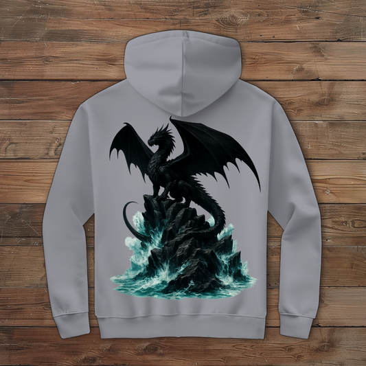 Herren Zipper Hoodie Drache schwarz auf Felsen im Wasser