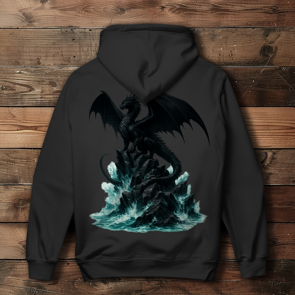 Damen Hoodie Drache schwarz auf Felsen im Wasser