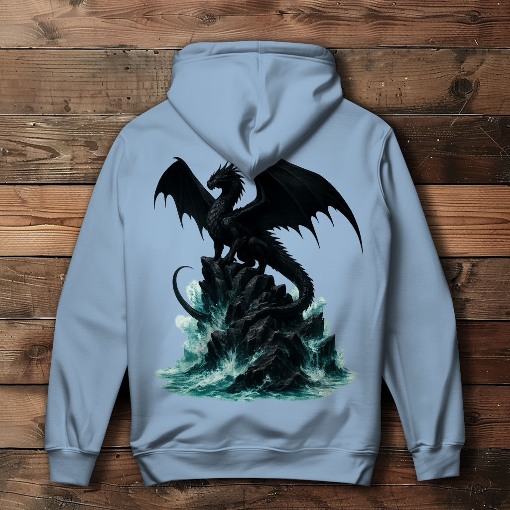 Damen Hoodie Drache schwarz auf Felsen im Wasser
