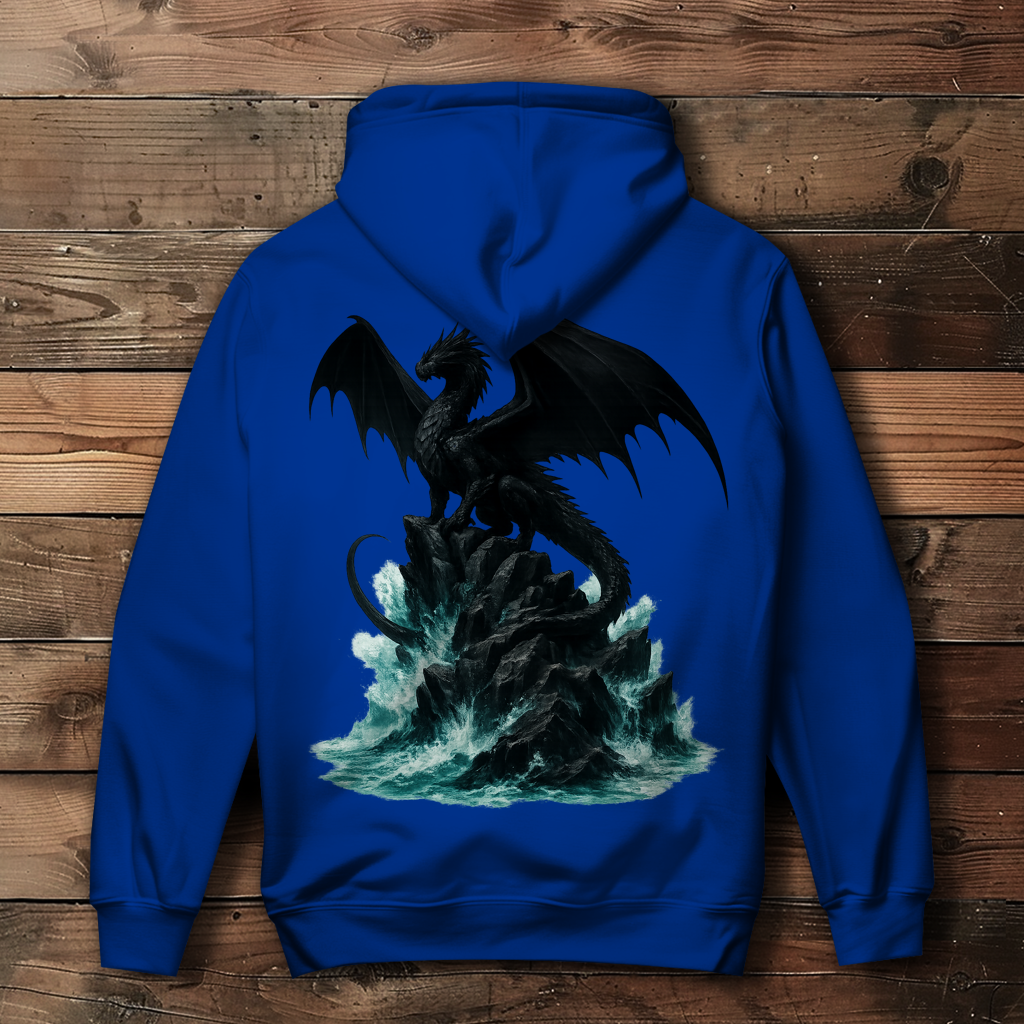 Damen Hoodie Drache schwarz auf Felsen im Wasser