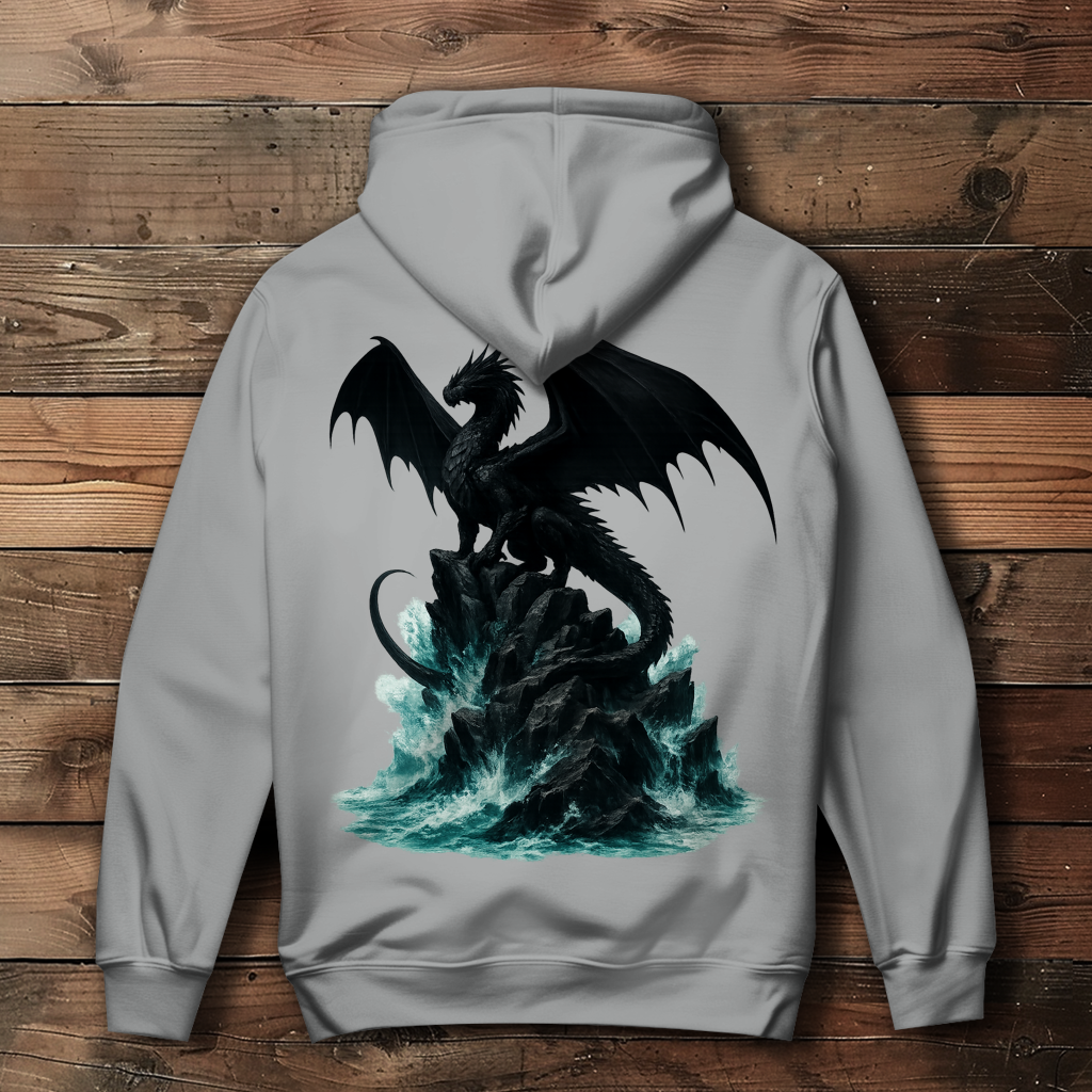 Damen Hoodie Drache schwarz auf Felsen im Wasser
