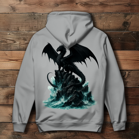 Damen Hoodie Drache schwarz auf Felsen im Wasser