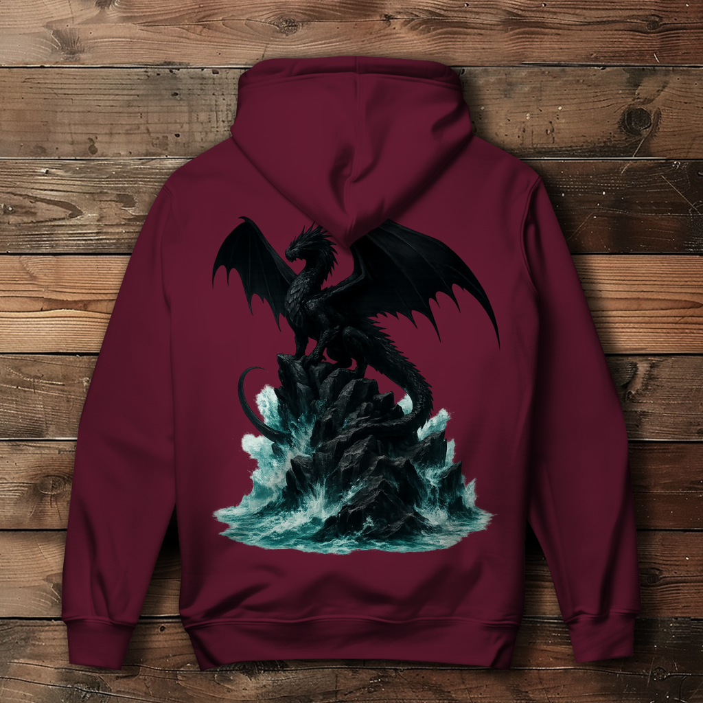 Damen Hoodie Drache schwarz auf Felsen im Wasser