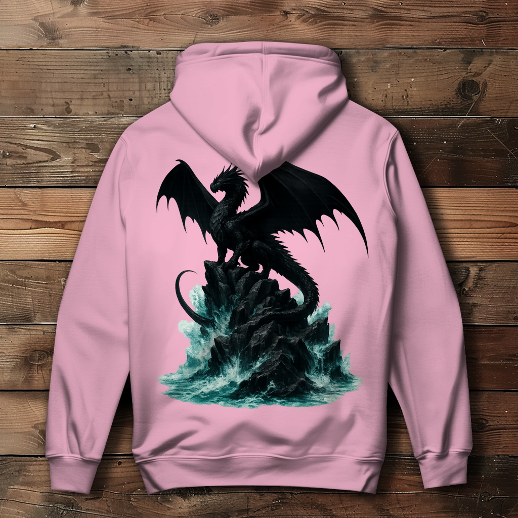 Damen Hoodie Drache schwarz auf Felsen im Wasser