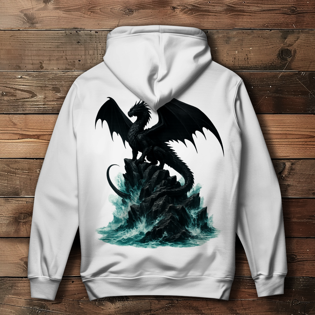 Damen Hoodie Drache schwarz auf Felsen im Wasser