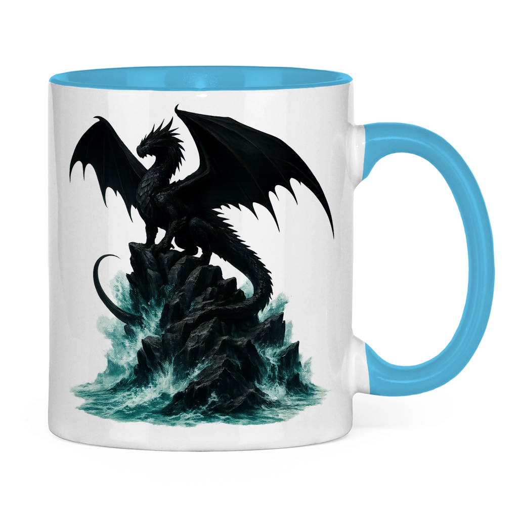 Tasse zweifarbig Drache schwarz auf Felsen im Wasser