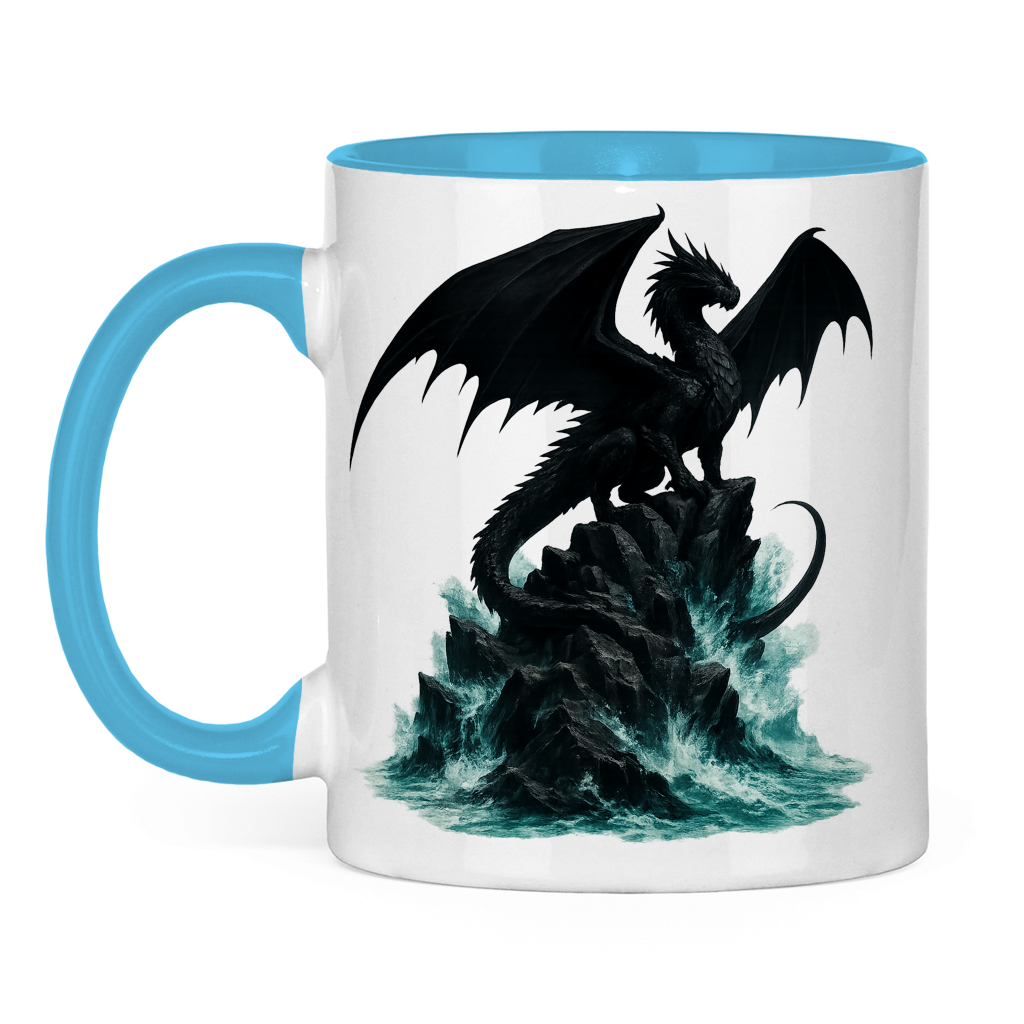Tasse zweifarbig Drache schwarz auf Felsen im Wasser