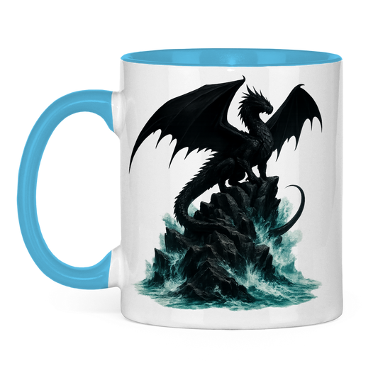 Tasse zweifarbig Drache schwarz auf Felsen im Wasser