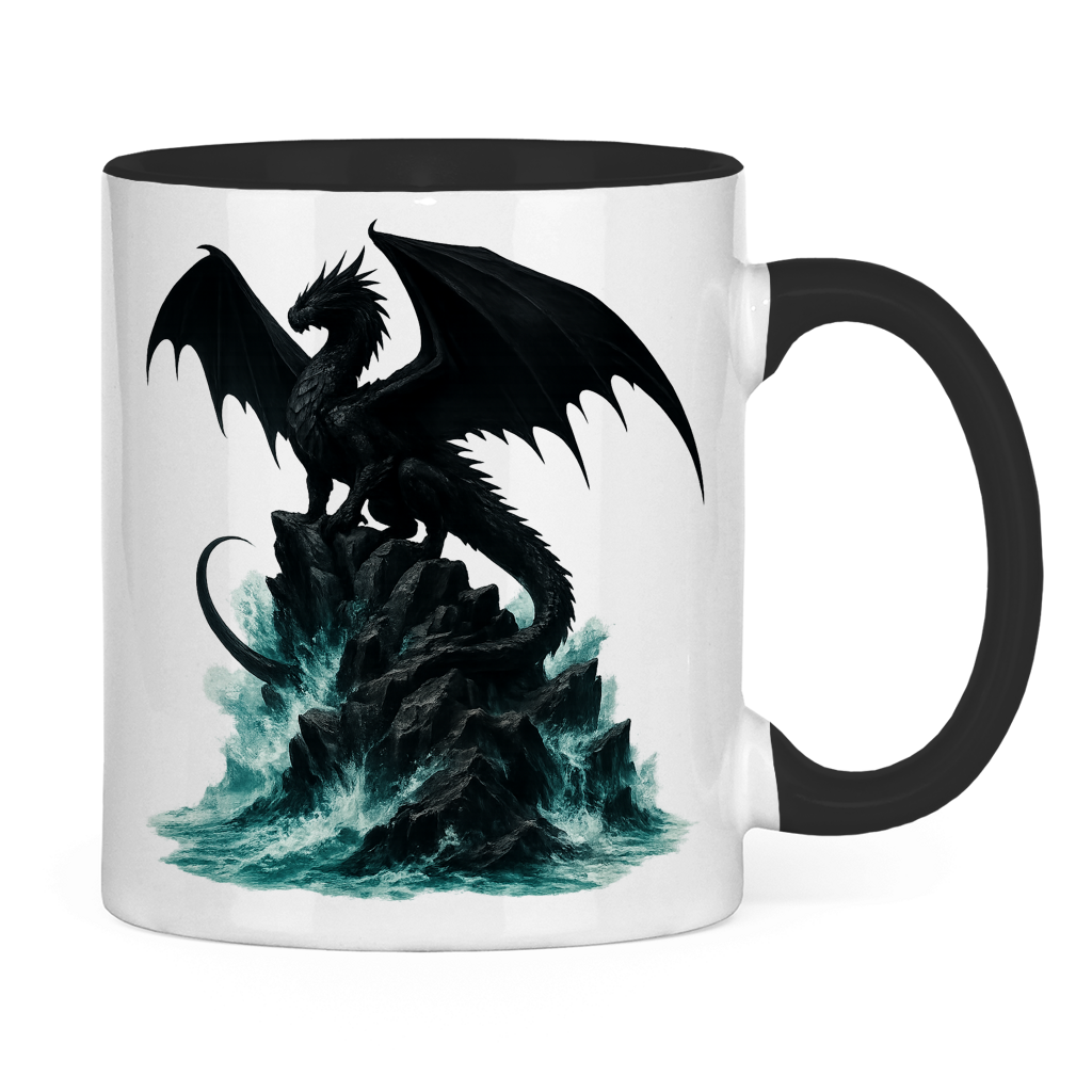 Tasse zweifarbig Drache schwarz auf Felsen im Wasser