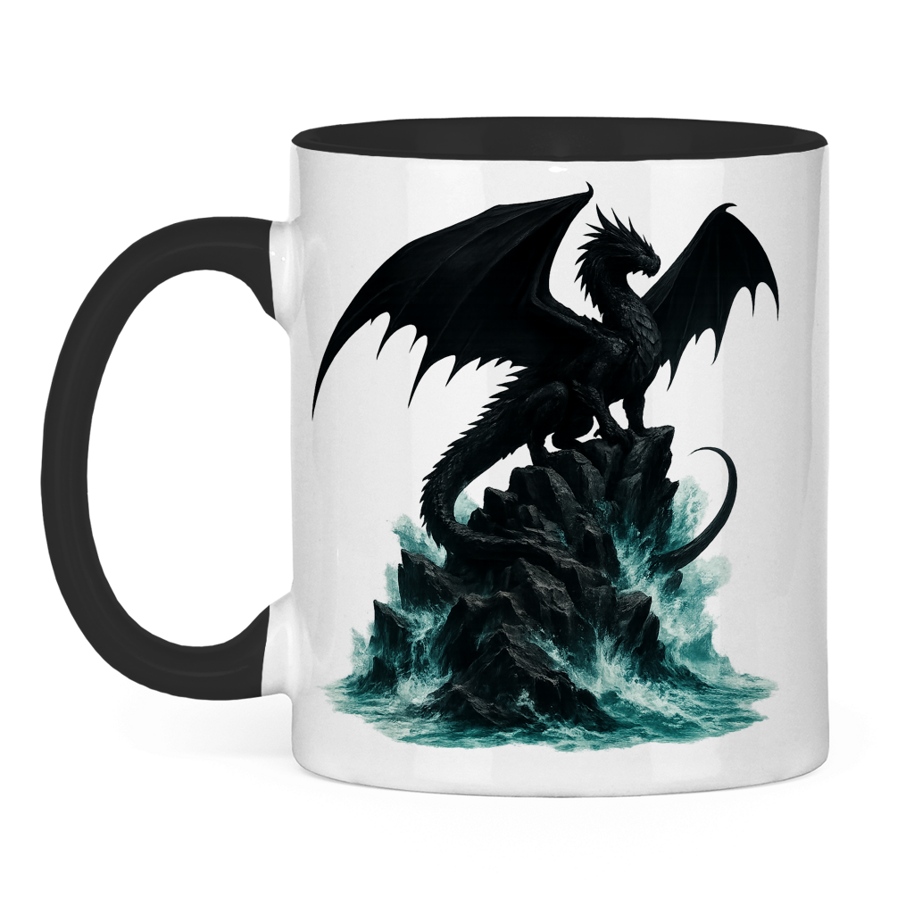 Tasse zweifarbig Drache schwarz auf Felsen im Wasser