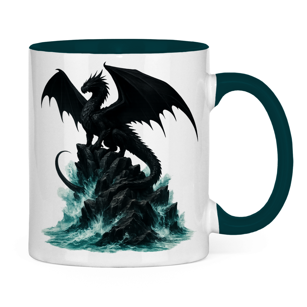 Tasse zweifarbig Drache schwarz auf Felsen im Wasser
