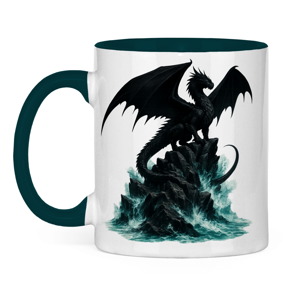 Tasse zweifarbig Drache schwarz auf Felsen im Wasser