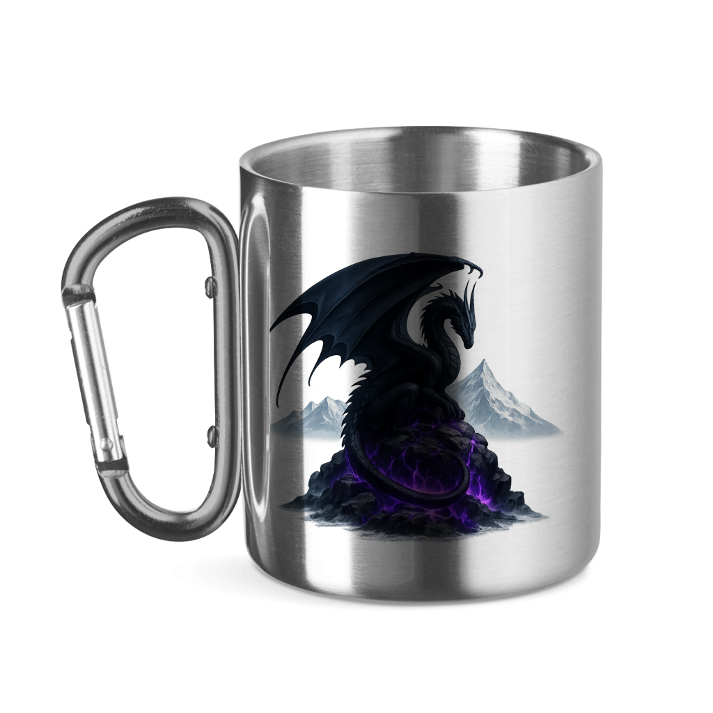 Edelstahltasse mit Karabinergriff Drache schwarz auf Lila Felsen