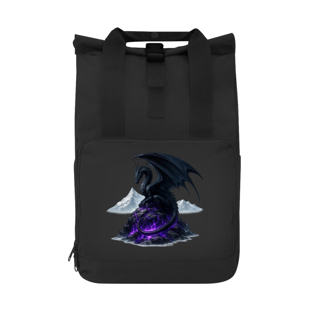 Rucksack Drache schwarz auf Lila Felsen