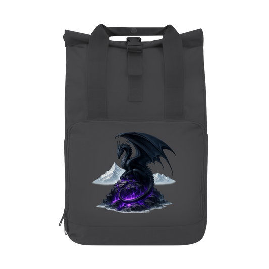 Rucksack Drache schwarz auf Lila Felsen