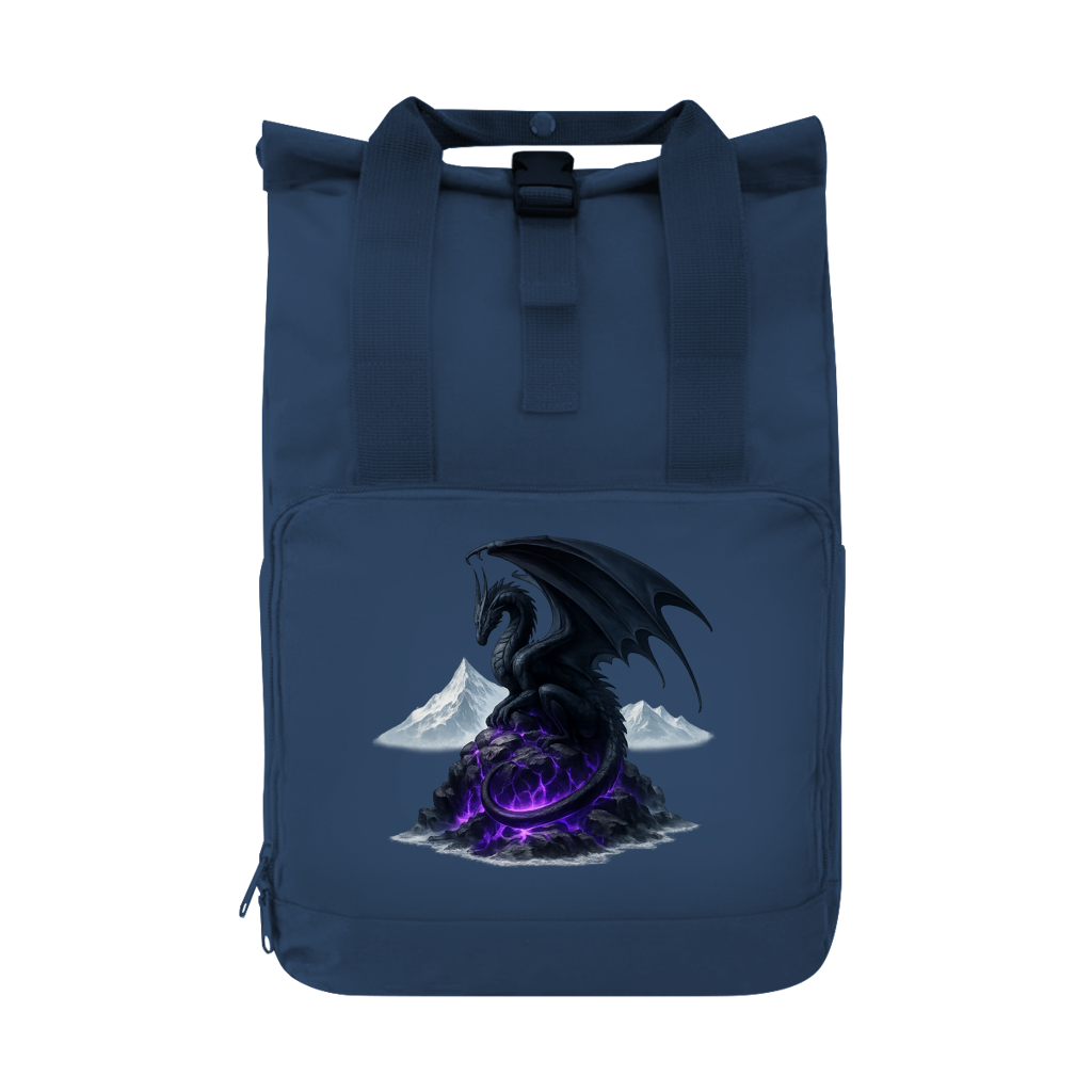 Rucksack Drache schwarz auf Lila Felsen