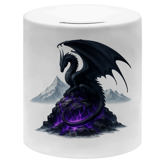 Money box Drache schwarz auf Lila Felsen