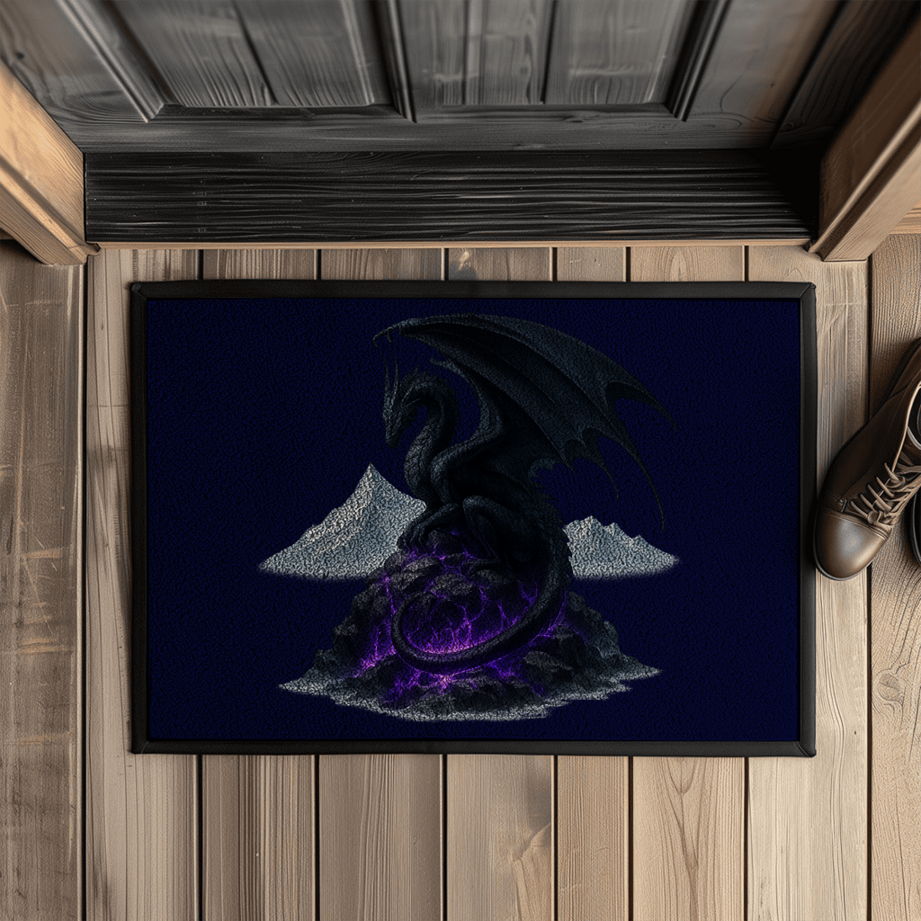 Fußmatte mit Gummirand Drache schwarz auf Lila Felsen