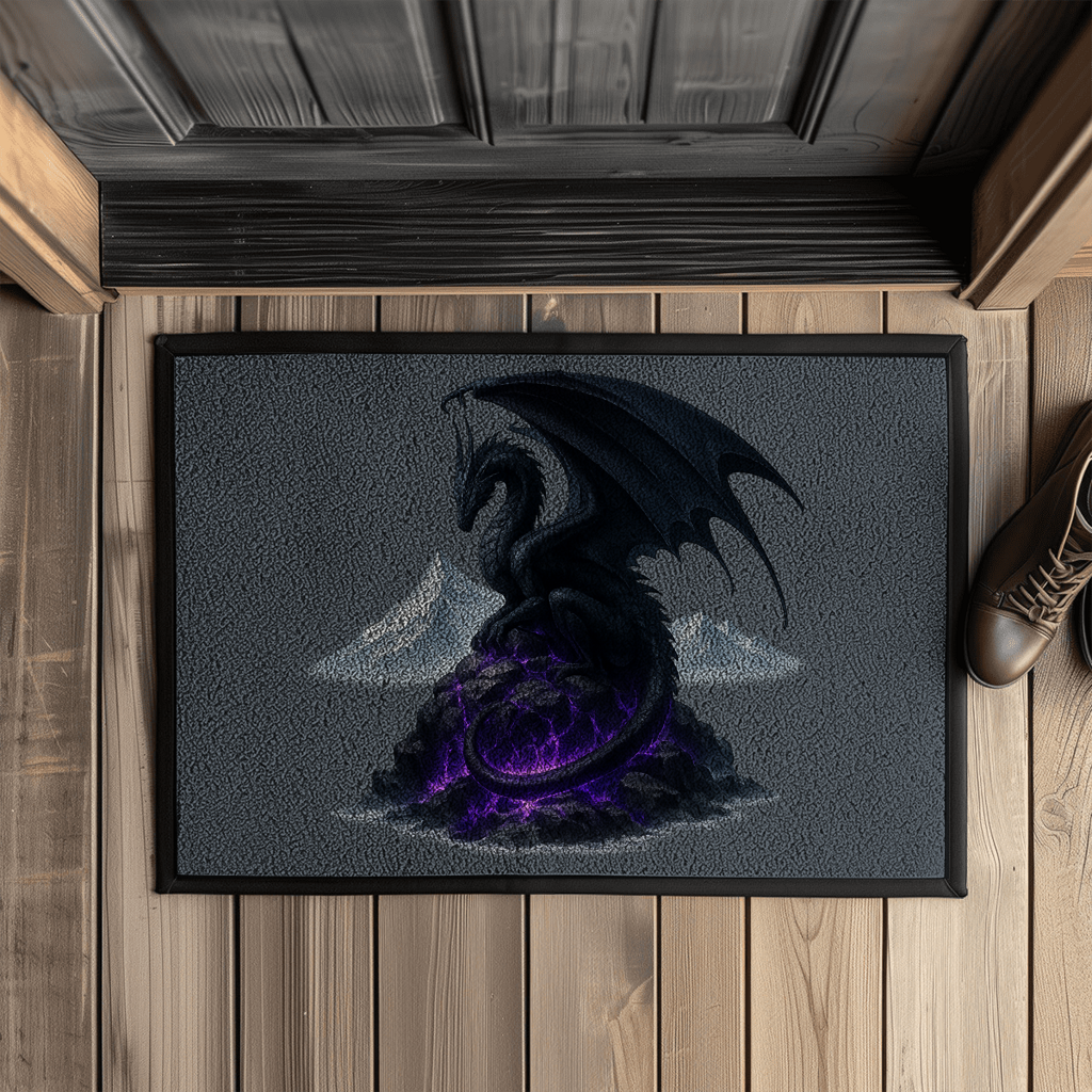 Fußmatte mit Gummirand Drache schwarz auf Lila Felsen