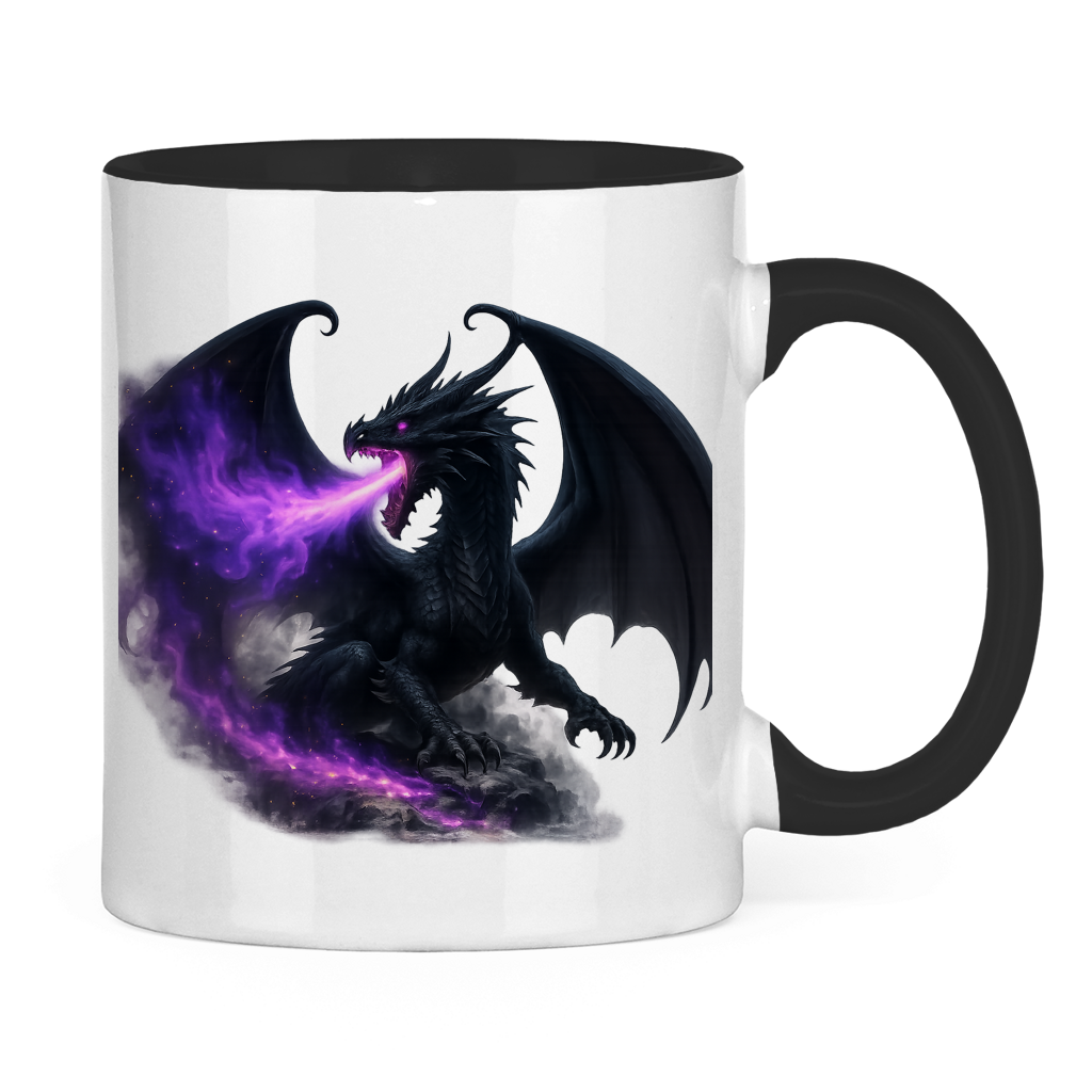 Tasse zweifarbig Drache schwarz lila Feuer