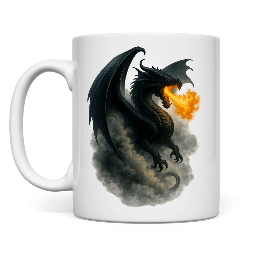 Tasse Drache schwarz Feuer spuckend im Rauch