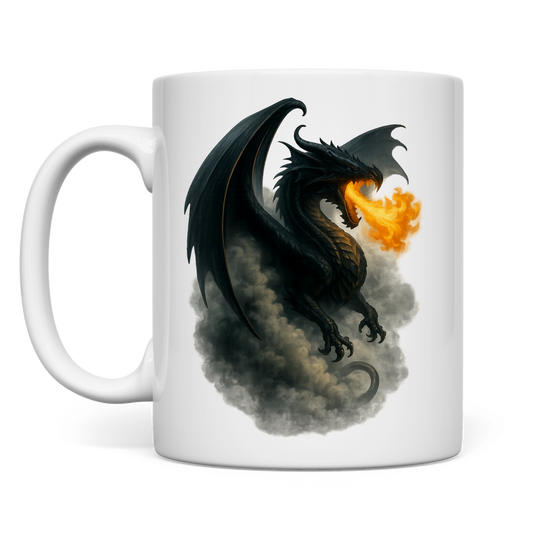 Tasse Drache schwarz Feuer spuckend im Rauch