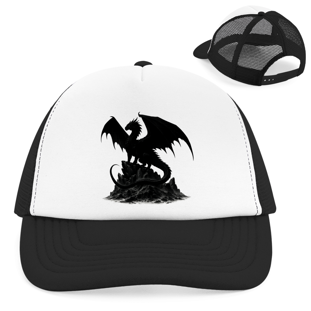 Retro Trucker Cap Drache schwarz breite Flügel auf Felsen