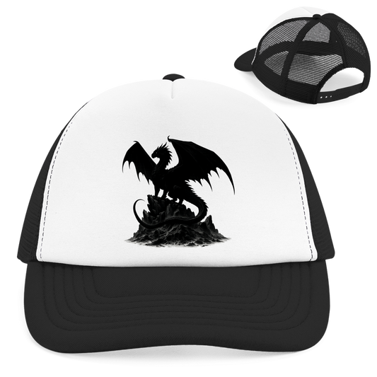 Retro Trucker Cap Drache schwarz breite Flügel auf Felsen