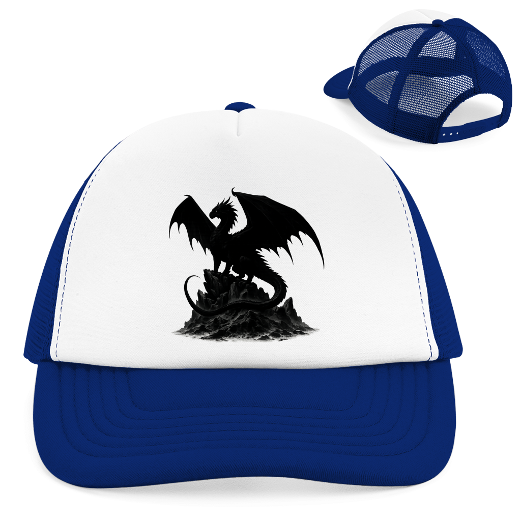 Retro Trucker Cap Drache schwarz breite Flügel auf Felsen