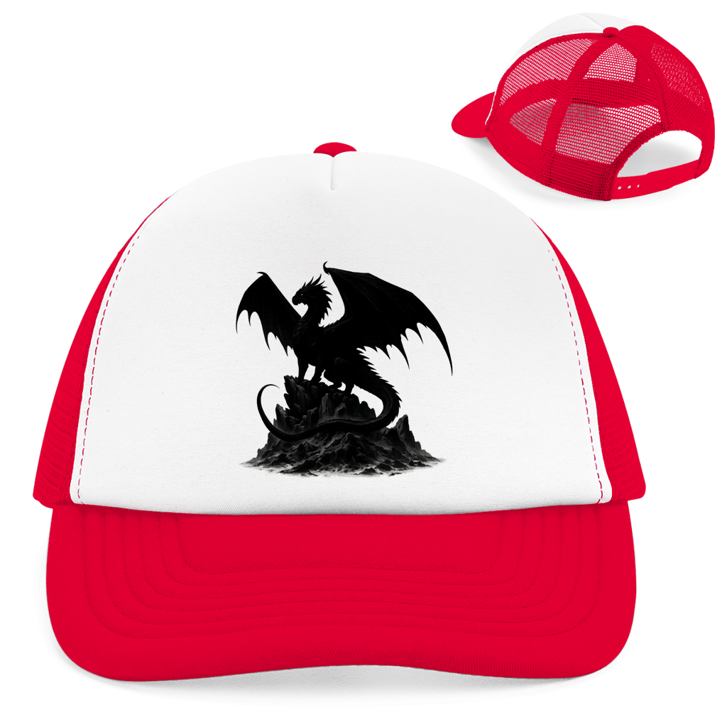 Retro Trucker Cap Drache schwarz breite Flügel auf Felsen