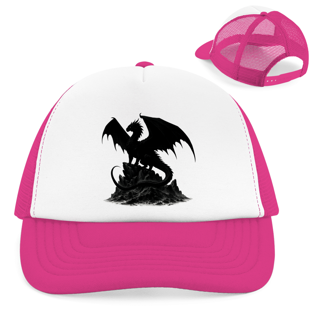 Retro Trucker Cap Drache schwarz breite Flügel auf Felsen