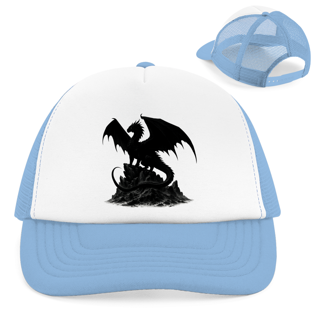 Retro Trucker Cap Drache schwarz breite Flügel auf Felsen