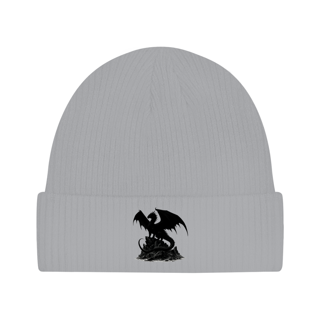 Beanie Drache schwarz breite Flügel auf Felsen