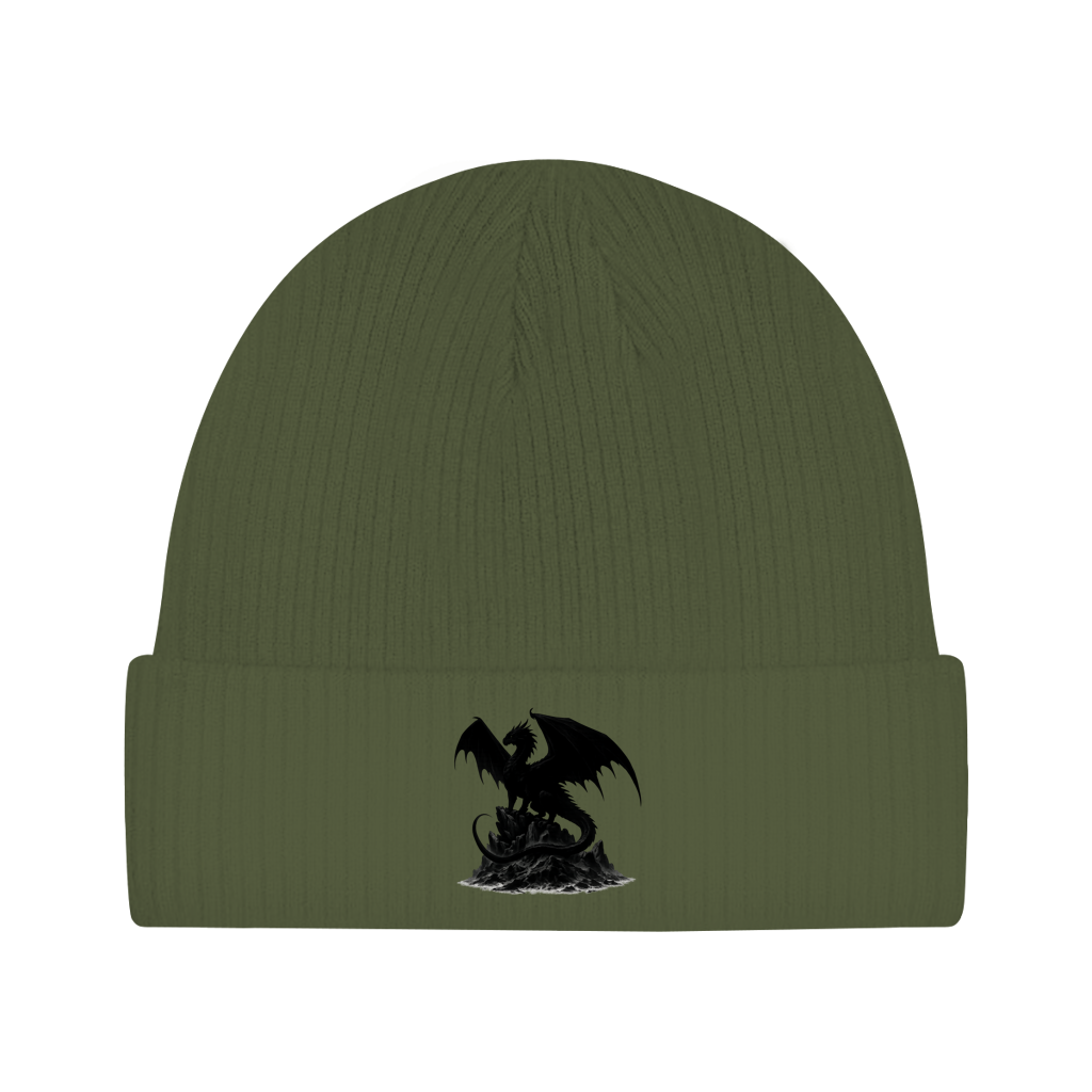 Beanie Drache schwarz breite Flügel auf Felsen