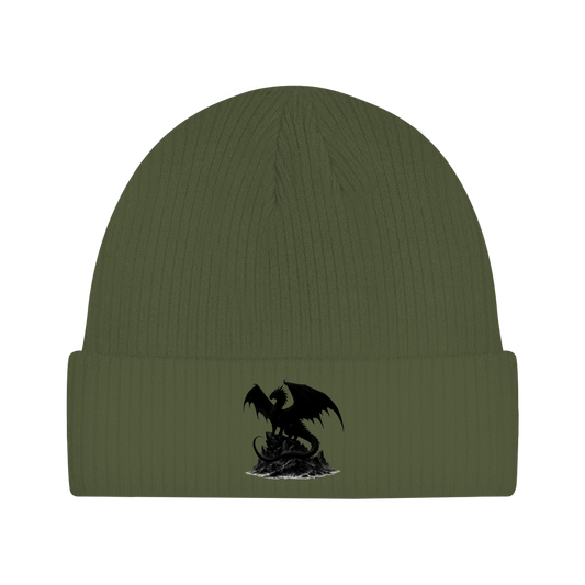 Beanie Drache schwarz breite Flügel auf Felsen