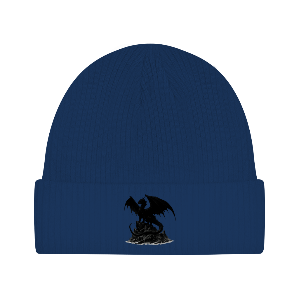 Beanie Drache schwarz breite Flügel auf Felsen