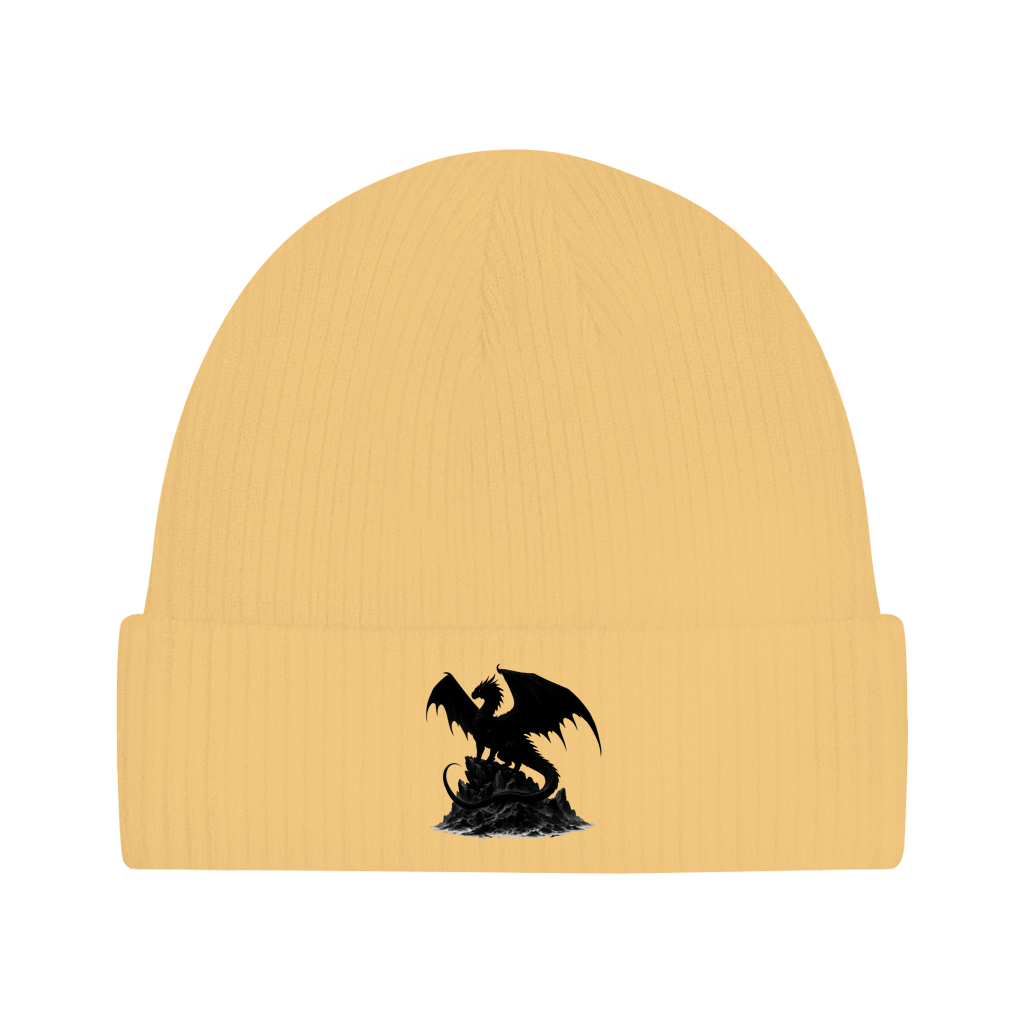 Beanie Drache schwarz breite Flügel auf Felsen