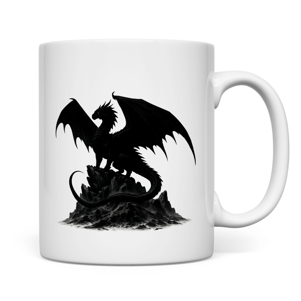 Tasse Drache schwarz breite Flügel auf Felsen