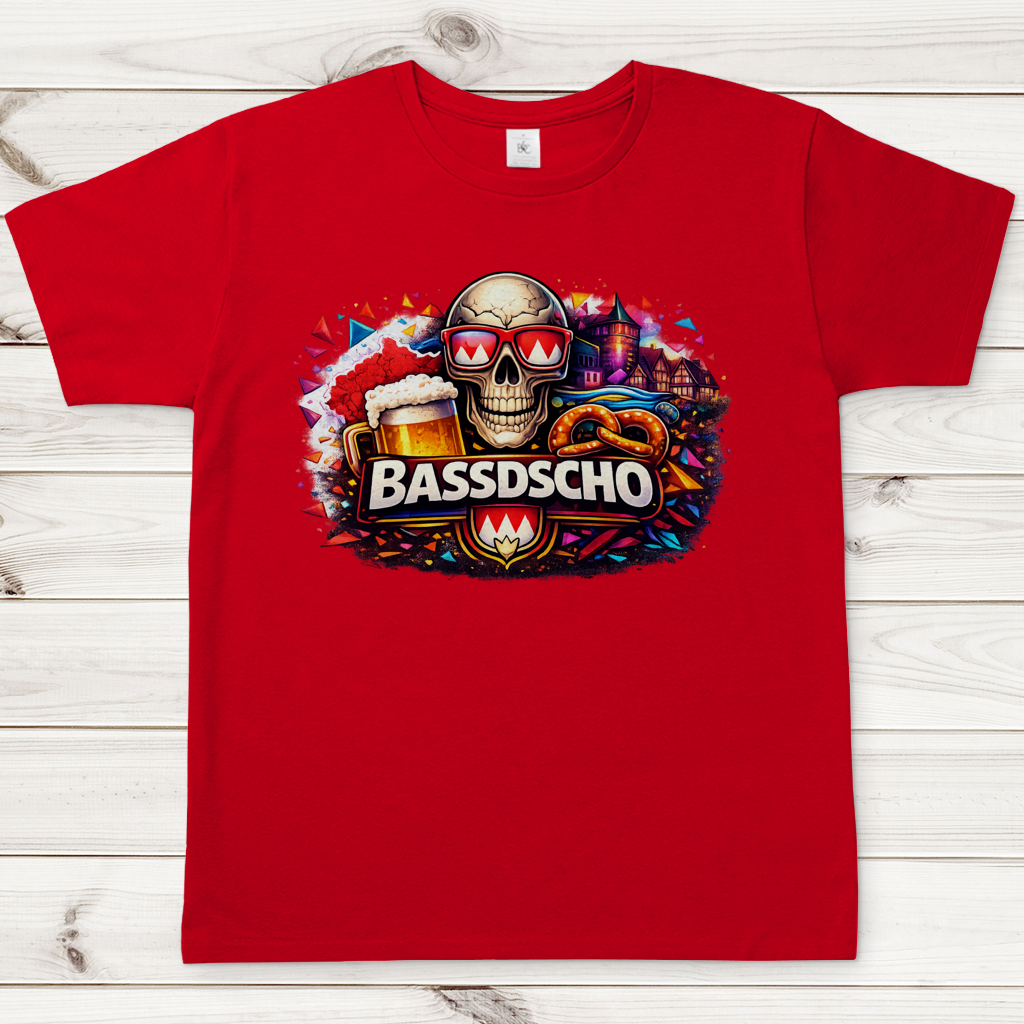 Herren T-Shirt Bassdscho Bier, Schädel und Brezel