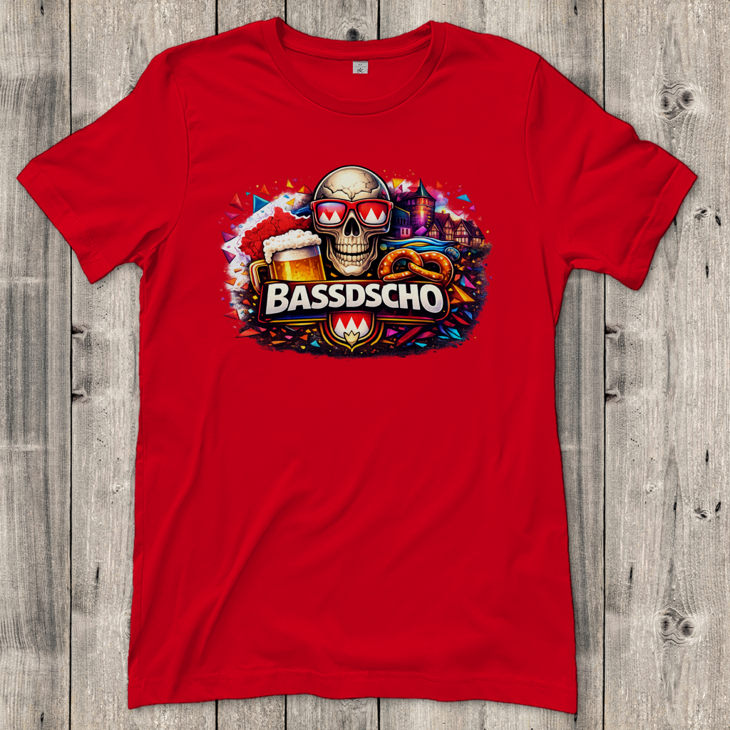 Damen T-Shirt Bassdscho Bier, Schädel und Brezel