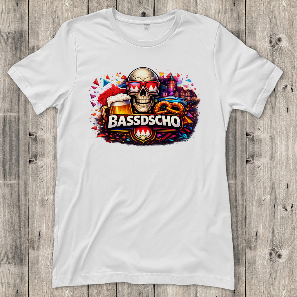 Damen T-Shirt Bassdscho Bier, Schädel und Brezel