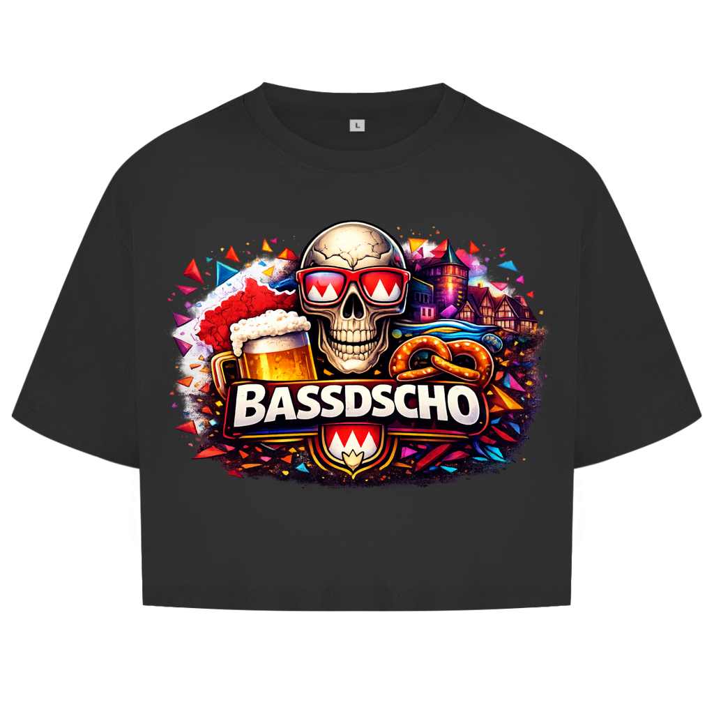 Damen Oversize Crop Top Bassdscho Bier, Schädel und Brezel